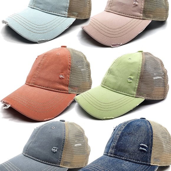 Women's Ponytail Distressed Caps - Picture 1 of 16